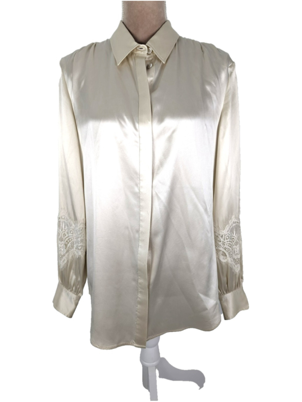 LilySilk Armeria Mulberry Silk Shirt Blouse Sz L Ivory Lace Luxury Elegant - Picture 2 of 12